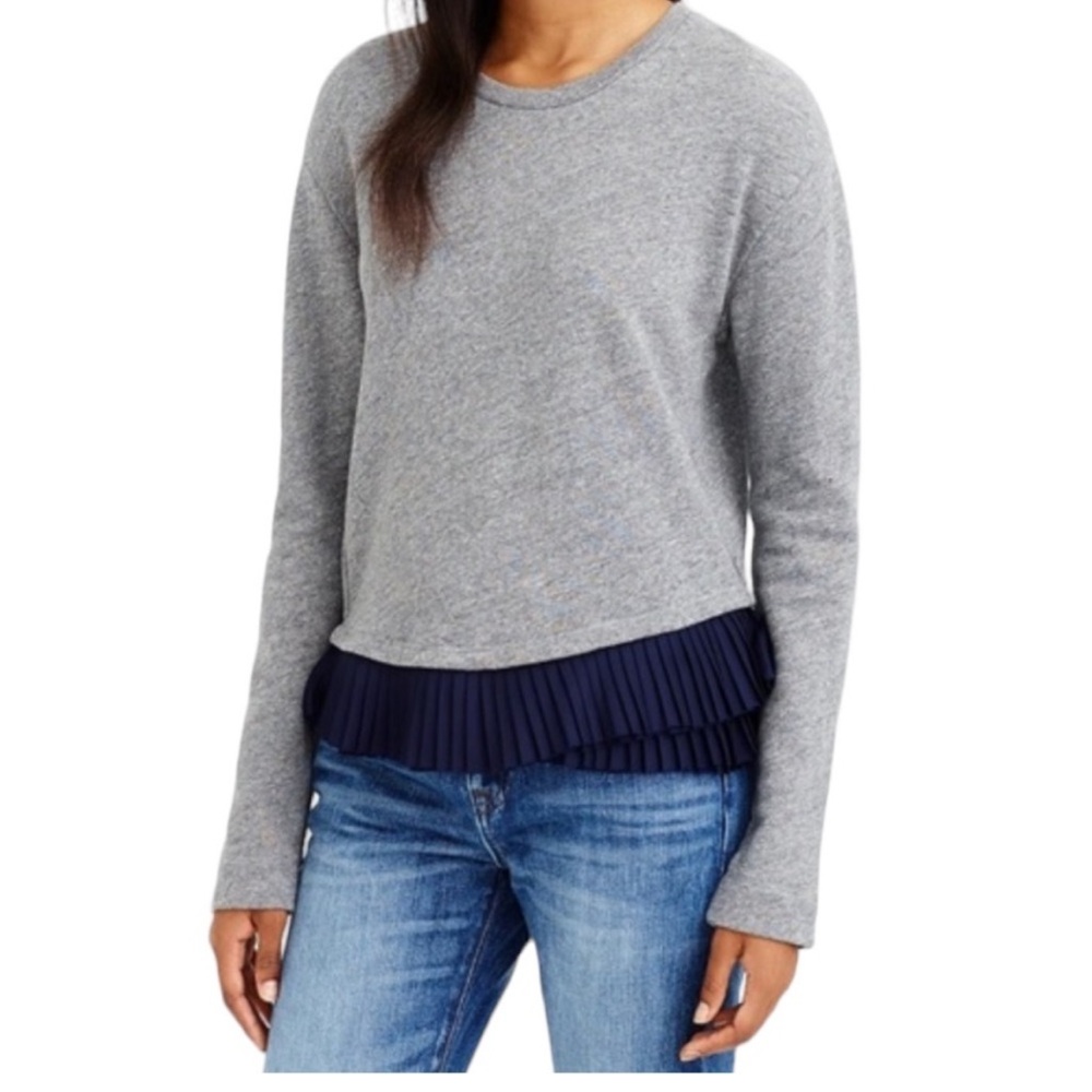 J. Crew Crewneck Sweatshirt Gray Navy Blue Ruffled Hem Medium